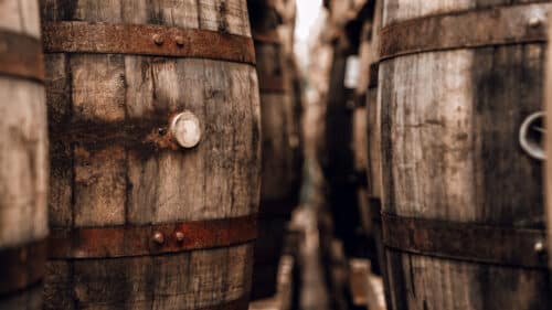 Rows of craft whiskey casks