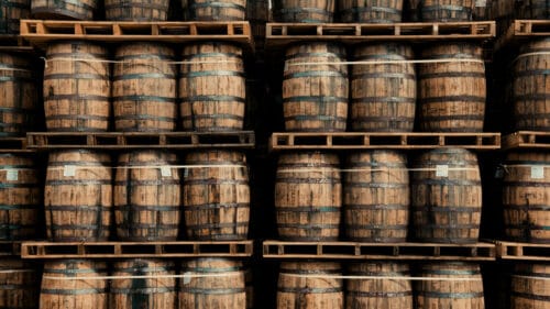 Stacks of craft Irish whiskey barrels
