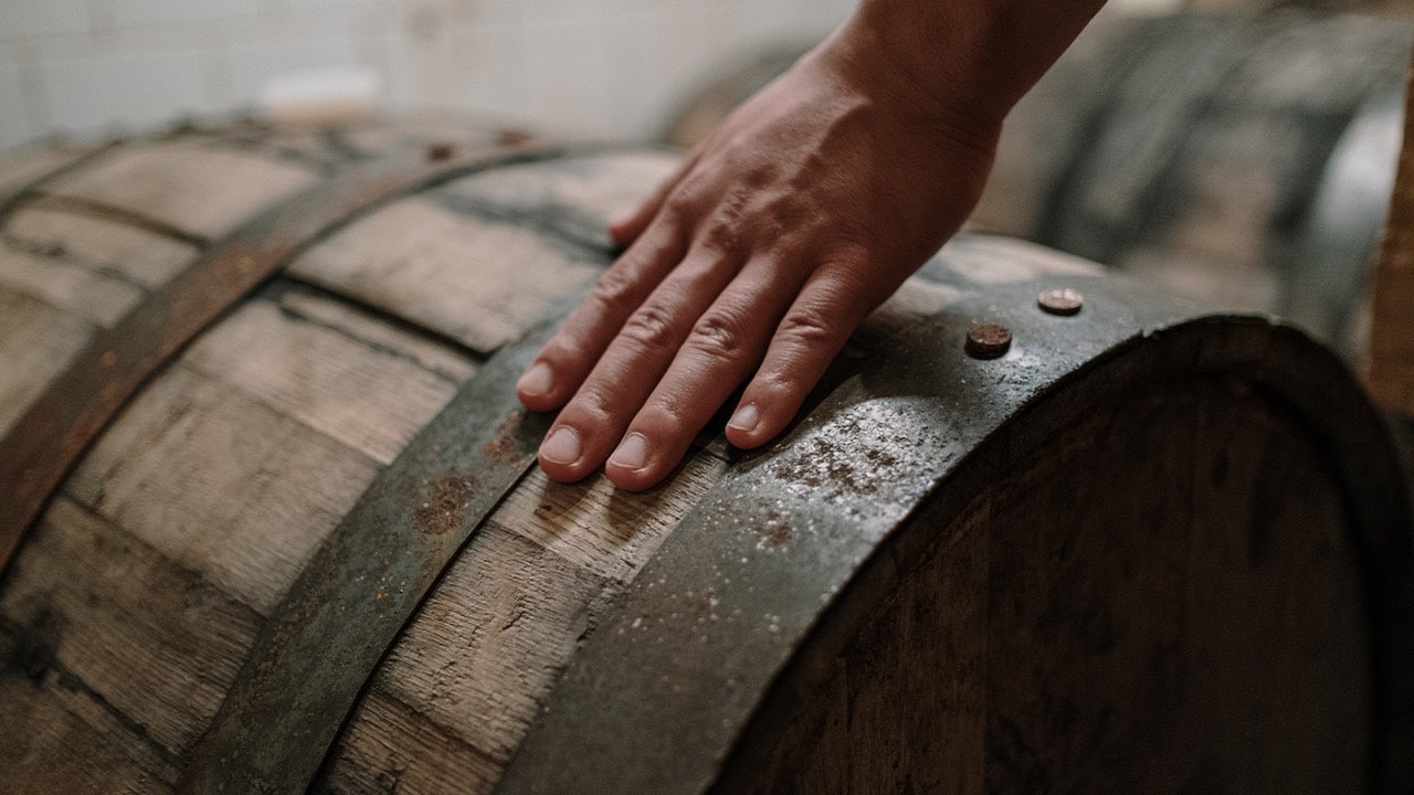 A hand and a whiskey barrel