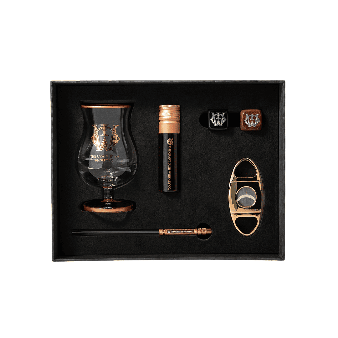 Premium irish whiskey set including a Finn glass, pipette, whiskey stones and cigar cutter