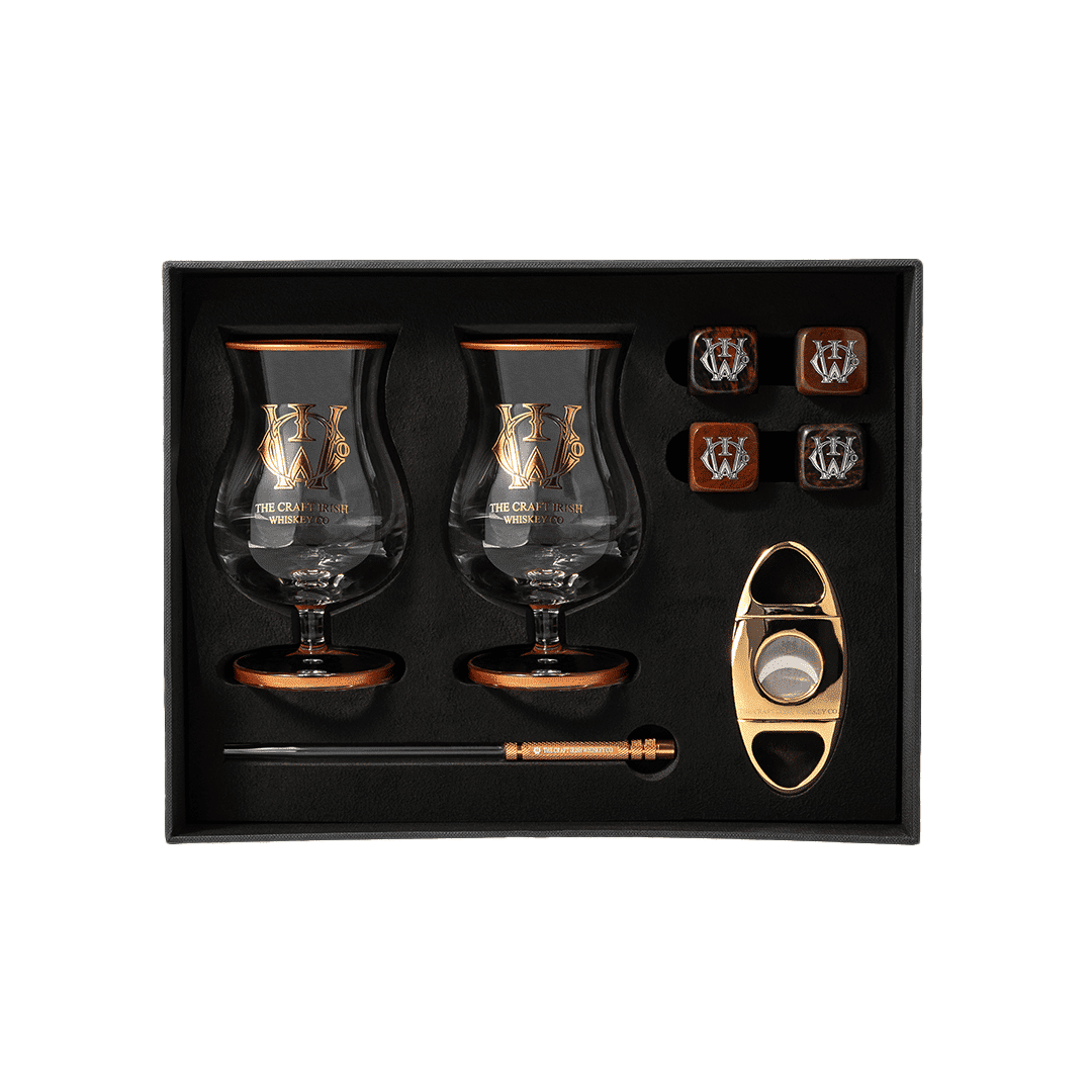 Luxury whiskey set with two glasses, a pipette and whiskey stones for the ultimate whiskey tasting experience
